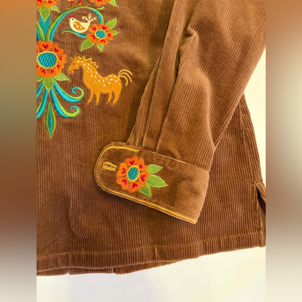 Bob Mackie Wearable Art Brown Corduroy Embroidered Button Down Shirt Top Medium - Picture 14 of 15